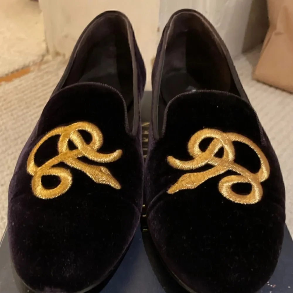 Ralph Lauren Collection Black Velvet Gold Bullion Embroidered Snake Slipper